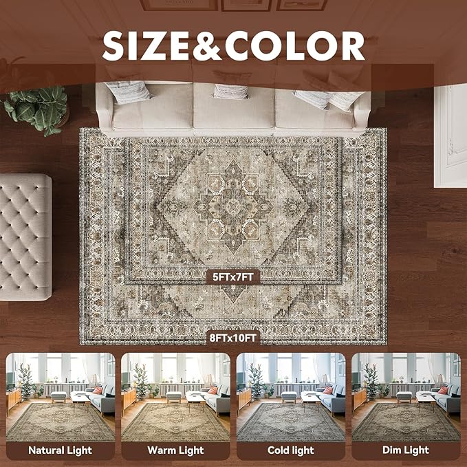 Beige Large 9x12 Area Rugs for Living Room Rug Bedroom Rug-Carpet Washable Neutral Dining Room Rugs for Under Table Soft Comfortable Non Slip Vintage Oriental Medallion Design