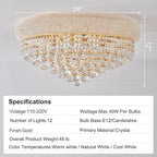 12-Light Crystal Flush Mount Chandelier Ceiling Light Fixture for Living Room Dining Room Bedroom Foyer Entryway Hallway Closet Bathroom (Gold D24)