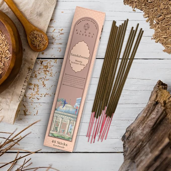 Incense Sticks, Sandalwood Incense, Made with Natural Ingredients, Hand Rolled Aromatic Masala, 40 Stick Pack, 45-60 Minute Burn Time, Best for Home Fragrance, Meditation, Yoga, Spiritual Healing