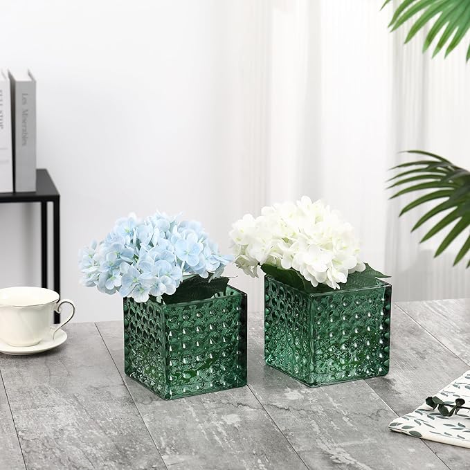 Square Vases Set of 6, 4" x 4" x 4" Square Glass Vases for Flowers, Green Flower Vase for Centerpieces, Small Bubble Vase for Wedding, Party, Home, Office, Parties, Events