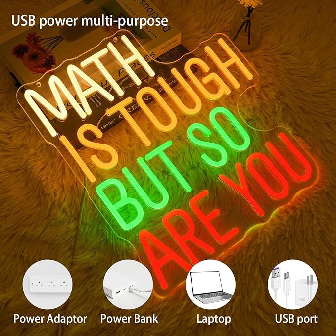 Math Is Tough But So Are You Neon Sign for Classroom, Inspirational Colorful Math Neon Light Dimmable Student LED Light up Signs for Classroom, Kid Room, Office, Library Decoration