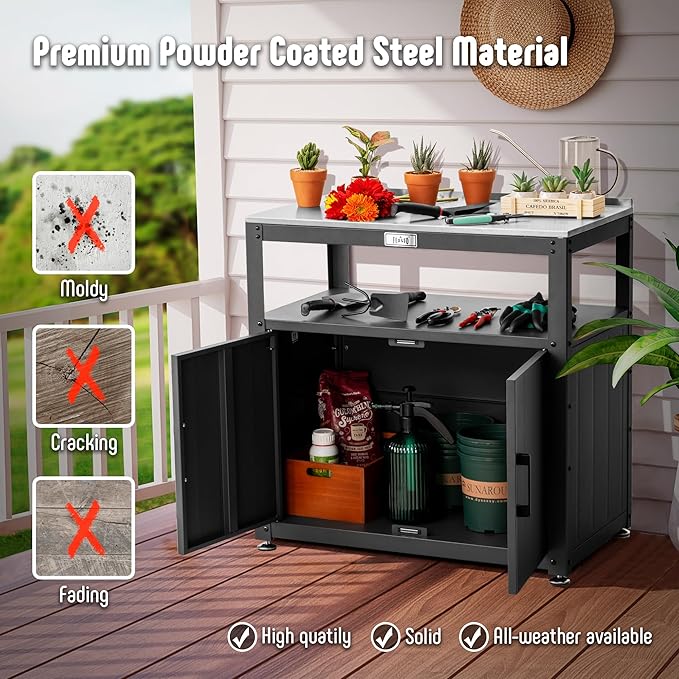 Garden Potting Bench with Storage Cabinet,Outdoor Gardening Table & Work Bench for Plants, Horticulture,Outdoor Workstation with Stainless Steel Tabletop,Outdoor Work Table