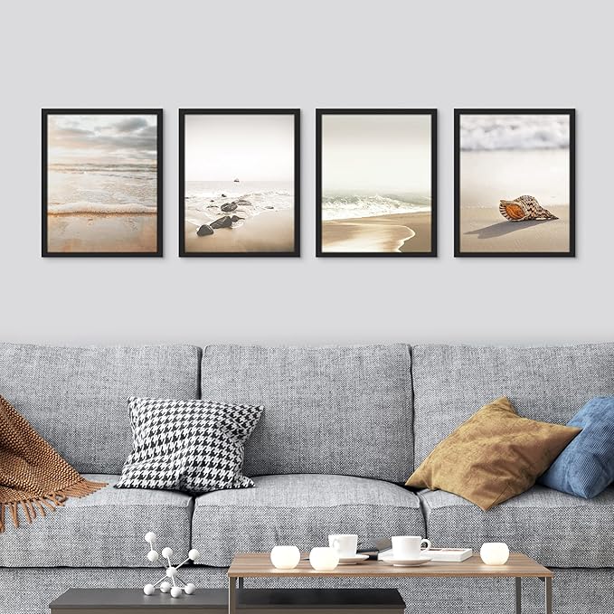 SIGNWIN Framed White Minimal Beach Shore Ocean Sea Seashell Wall Art, Set of 4 Landscape Colorful Wall Decor Prints, Nature Wilderness Wall Décor for Living Room, Bedroom - 11"x14" Black