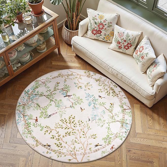 jinchan Round Rugs 5ft Ivory Botanical Birds Print Machine Washable 5' Circle Nature Plants Modern Soft Non Slip Throw Area Rugs Ultra Thin Low Pile Carpet for Entryway Bedroom Kitchen Kids Room