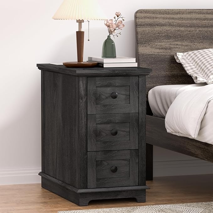 HIFYOBRO 3 Drawers End Table with Flip Top Charging Station, Side Table with Storage, Narrow Wooden Nightstand, End Table Living Room & Bedroom
