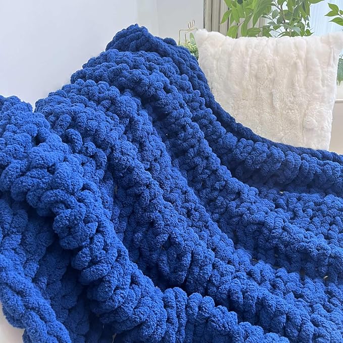 Chunky Knit Blanket Throw 48"x71", Chenille Throw Blankets, Handmade Warm & Cozy Blanket Couch Bed Home Decor, Soft Breathable Fleece Banket, Christmas for Couch Bed Sofa Best Gift (Navy Blue)