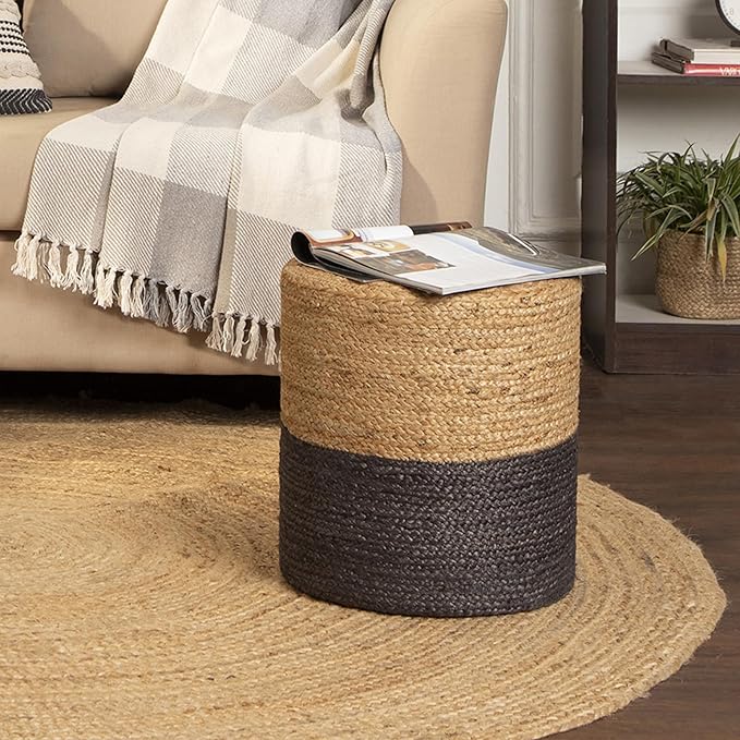 REDEARTH · Cylindrical Pouf Foot Stool Ottoman - Jute Braided Pouffe Poof Accent Sitting Footrest for The Living Room, Bedroom, Nursery, Patio, Lounge & Other Rooms (14.5”x14.5”x16”; Natural Gray)