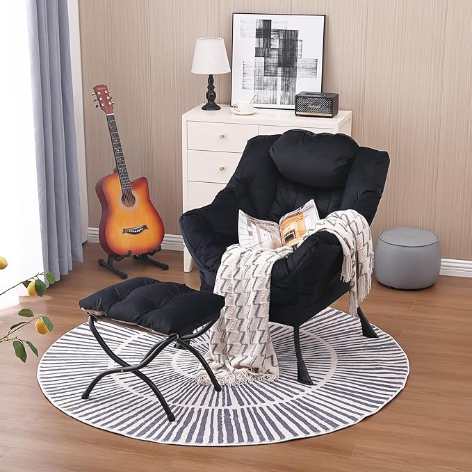 Lazy Chair and Ottoman, Large Accent Lounge Chair with Armrests and a Side Pocket, Modern Leisure Upholstered Sofa Reading Armchair with Footrest for Bedroom, Living Room, Dorm Rooms, Office