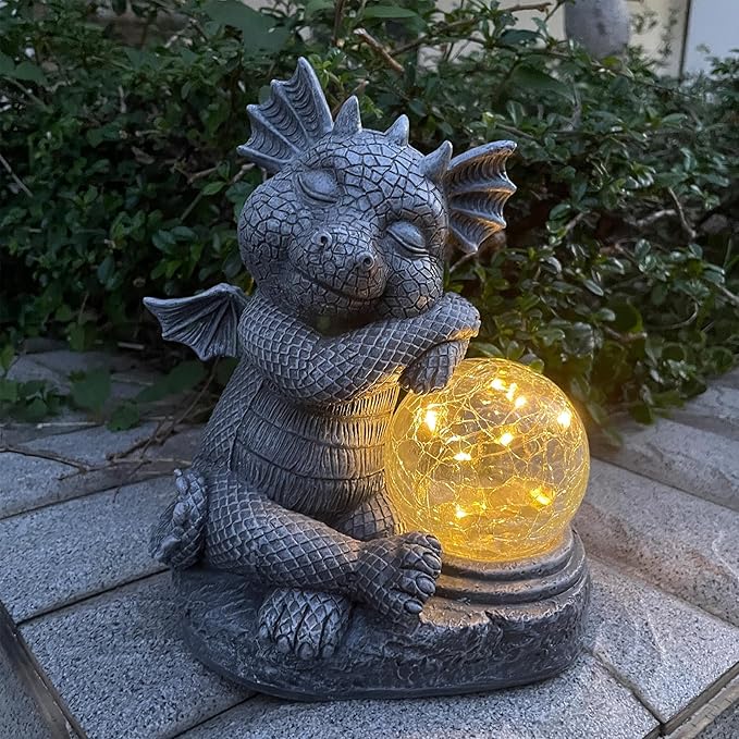 Garden Dragon Figurine Solar Powered Outdoor Cute Dragon with Hold Glowing Glass Ball Resin Sculpture for Porch Patio Lawn Farm Yard Home Decoration Gift for Women Housewarming