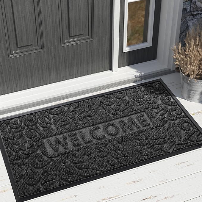 Yimobra Welcome Front Door Mat Outdoor, Heavy Duty Sturdy Non Slip Doormats, Rubber Backing, Low-Profile Entrance Rugs, Absorbent Resist Dirt, Easy Clean Patio Garage Floor Mats, 47X24 Inch, Black