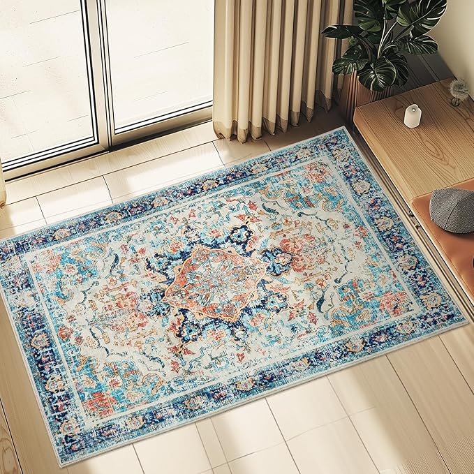 Topllen Washable Area Rug - 3'x5' Boho Bedroom Rug Indoor, Non-Slip Low-Pile Rugs for Living Room Bathroom Kitchen Front Door, Entry Throw Carpet Stain Resistance (Multi, 3x5ft)
