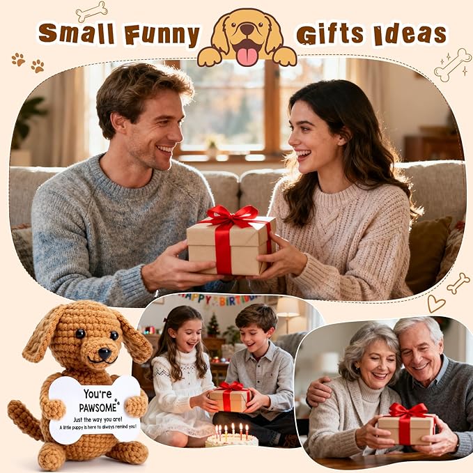 Crochet Dog Small Funny Gifts, Handmade Emotional Positive Crochet Animals, Mini Cool Cute Stuff Things Presents, Inspirational Puppy Dog Gifts for Women Men, Fun Pet Ornament Desk Decor Decorations