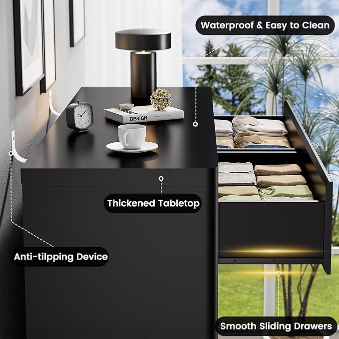 Black Dresser for Bedroom, 8 Drawers Double Fluted Dressers, Modern Chest of Drawers with Curved Profile, Handleless, Storage Closet Dressers for Bedroom, Living Room, Entryways, Natural