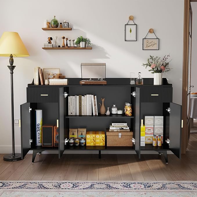 Sideboard Buffet Cabinet with Drawers: 63" Black Fluted Sideboard Cabinet with 2 Drawers and 4 Doors, Modern Wood Credenza Storage Cabinet, Large Accent Cabinets for Living Room (63")