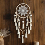 Macrame Dream Catcher Wall Decor with Pom Poms Large White Dreamcatcher Wood Beads Boho Wall Hanging, Handmade Tassels Ornament Room Decor for Girls Bedroom Living Room Weddings