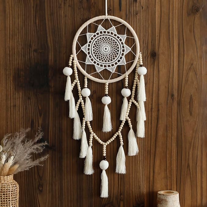 Macrame Dream Catcher Wall Decor with Pom Poms Large White Dreamcatcher Wood Beads Boho Wall Hanging, Handmade Tassels Ornament Room Decor for Girls Bedroom Living Room Weddings