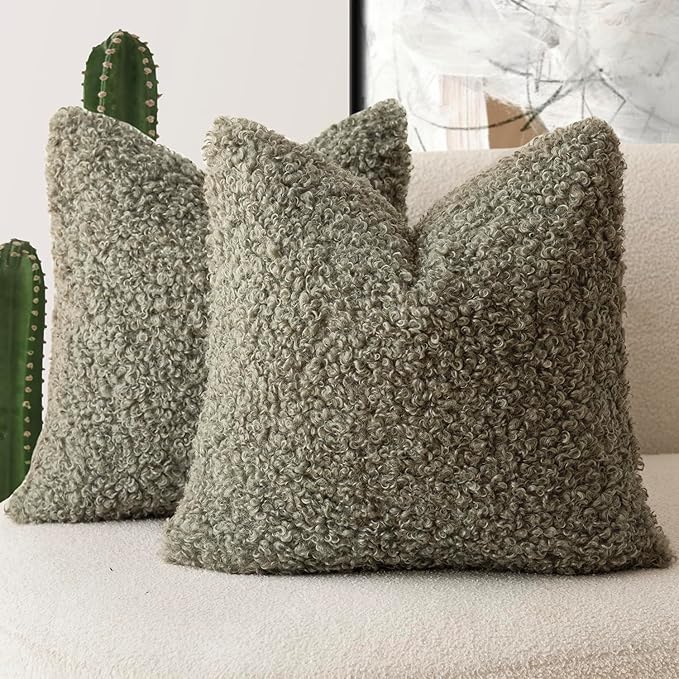 Foindtower 2 Pieces 22x22 Inch Sage Green, Faux Fur Throw Pillow Cover Accent Sherpa Pillow Fuzzy Soft Pillowcases Sheepskin Decorative Fleece Cushion Case for Bed Couch Living Room