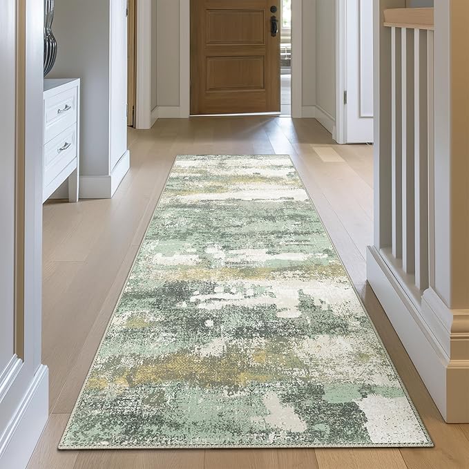 Runner Rug for Hallway Kitchen, 2'6"x7' Machine Washable Runners Rug for Entryway, Soft Modern Abstract Throw Rugs, Low Pile Floor Cover with Non Slip Backing, Light Green