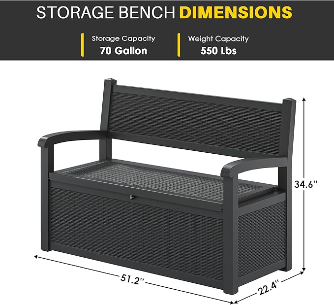 70 Gallon Deck Bench with Storage,Outdoor Storage Box Bench Waterproof&Lockable, Resin Patio Furniture with Armrest for Patio, Porch, Garden,Black