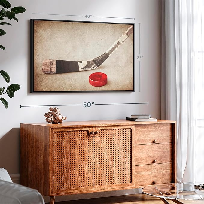 Elephant Stock Vintage Ice Hockey Wall Art - Horizontal Framed Canvas - 1-Piece Hallway Wall Decor - Photography Sports Canvas Print - Brown and Beige Decor for Wall - 40" X 27"