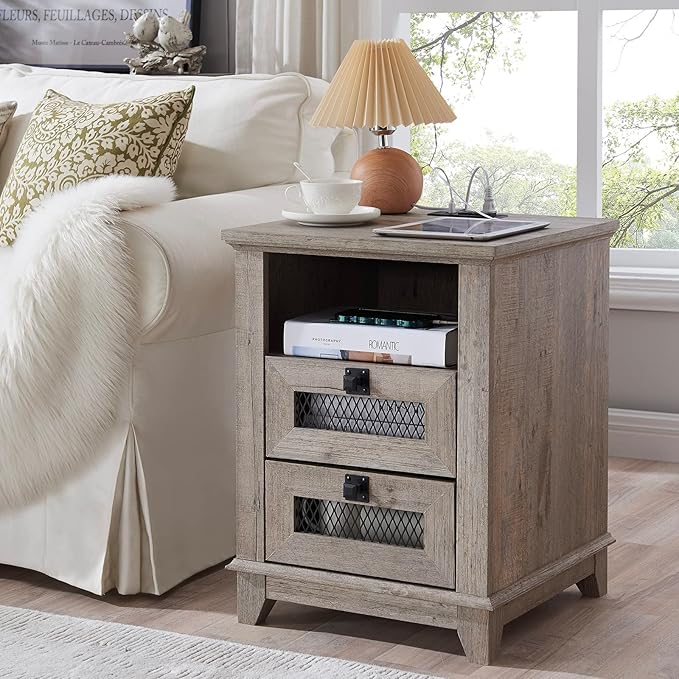 Nightstand with Charging Station,OKD 18'' Industrial & Farmhouse End Table with 2 Drawers & Open Cubby, Rustic Mesh Drawer Sofa Side Table w/Storage for Bedroom, Living Room, Office, Light Rustic Oak
