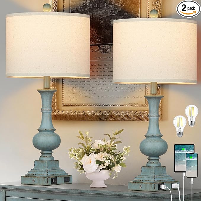 Farmhouse Table Lamps Set of 2, 26" Vintage Rustic Touch Control 3-Way Dimmable Bedside Lamp with USB A+C Ports & AC Outlet, Blue Nightstand Lamp for Living Room Bedroom End Table(LED Bulbs Included)