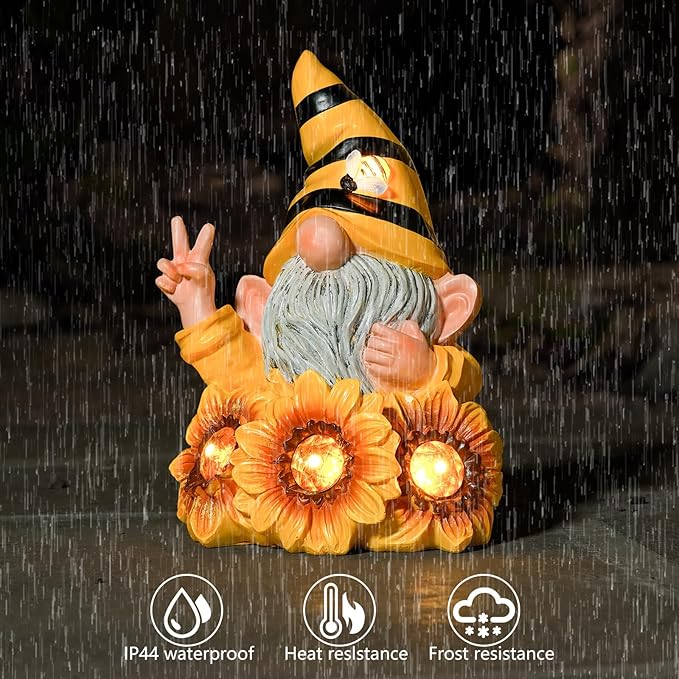Garden Sculptures & Statues Resin Summer Bee Gnome with Sunflower, Outdoor Funny Decoration Solar Light Figurine Gifts for Yard, Patio Decor for Mom