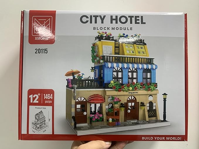 City Hotel Architecture Building Kit with Lights,3 Levels Garden Hotel Model Building Blocks Toy,for 12+Age Teen,Adult（1464 Pieces）