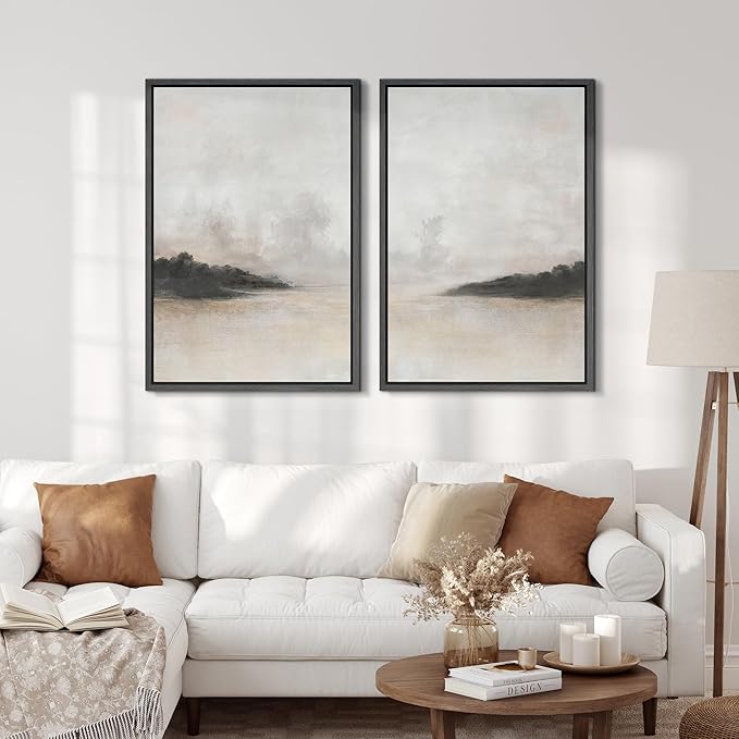 SIGNFORD Framed Canvas Print Wall Art Set Misty Horizon Soft Neutral Toned Landscape Illustration Modern Art Decorative Nordic Nature for Living Room, Bedroom, Office - 24"x36"x2 Black
