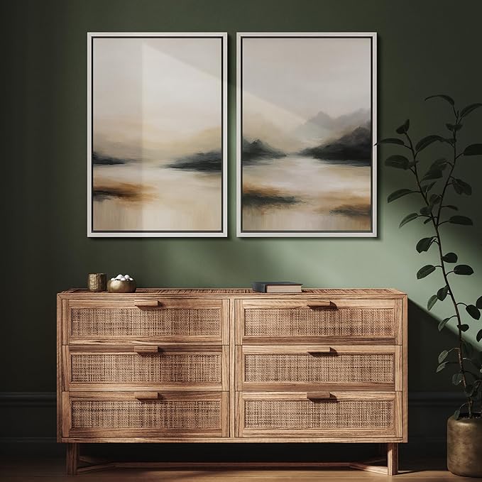 SIGNFORD Framed Canvas Print Wall Art Set Abstract Mountain Landscape Neutral Beige and Black Illustration Modern Art Decorative Nordic Nature for Living Room, Bedroom, Office - 16"x24"x2 White