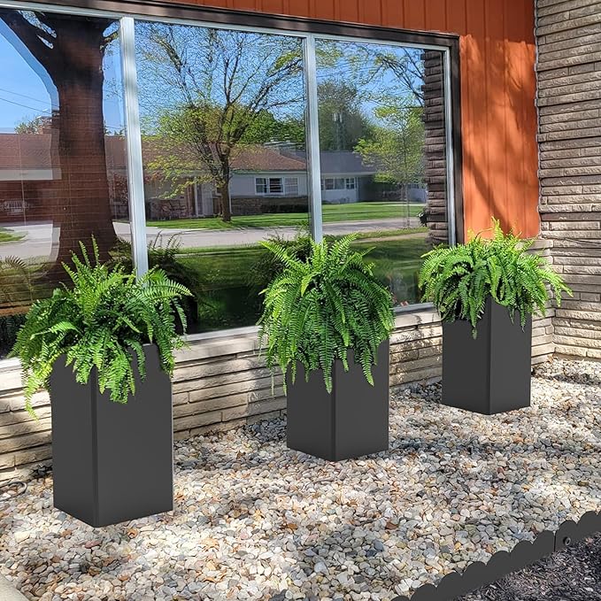 Modern Metal Planter Black – 28” Tall with Removable Insert Shelf | Heavy-Duty Outdoor & Indoor Planter Box for Patio, Porch, Garden (14x14x28in)