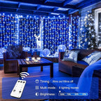 JMEXSUSS 300LED Christmas Curtain Lights Plug in with Remote, Blue and White Christmas Lights Indoor Outdoor, 8 Modes Hanging Fairy String Lights for Bedroom Window Wall Yard Patio Decor, 9.8x9.8ft