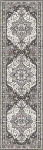 GENIMO 2X7 Hallway Runner Rug, Machine Washable Non Slip Vintage Floral Patchwork Runners, Thin Low Pile Chenille Carpet Runners for Entryway, Kitchen, Bathroom, Bedroom, Slate Gray