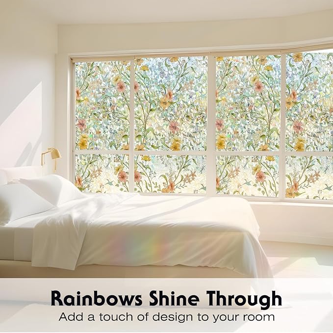 Volcanics Stained Glass Window Film with Installation Tools, Rainbow Window Privacy Film, Decorative Window Clings for Glass Windows, Static Cling Sun Blocking Floral Decals, 17.5 x 78.7 Inch