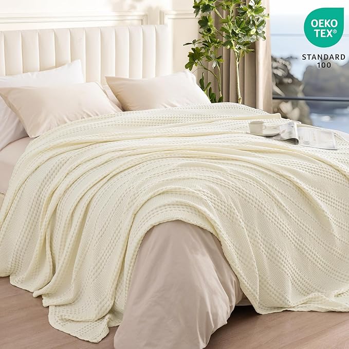 PHF Cooling Waffle Blanket King Size, Lightweight 60% Rayon Derived from Bamboo & 40& Cotton Breathable Blanket for Hot Sleepers, Soft and Luxury for Bed Couch and Sofa, 104"x90", Ivory