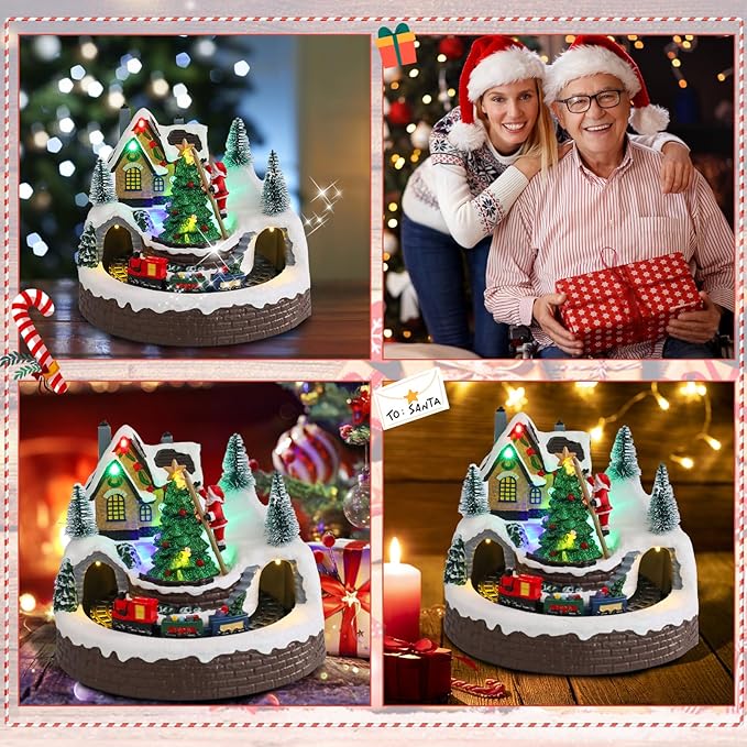 taman Christmas Village Houses Collectible Buildings - Moving Train Around The Christmas Tree,Warm Light Musical Ornaments for Holiday Decorations
