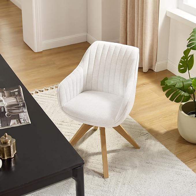 Art Leon Mid Century Modern Swivel Accent Chair - Fabric Upholstered Armchair with Natural Oak Wood Legs, Desk Chair No Wheels, Off White
