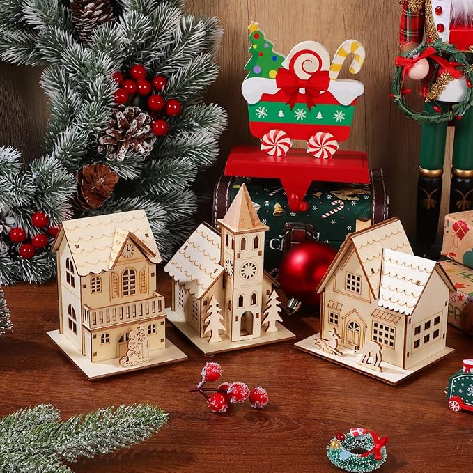 BESPORTBLE Wooden Christmas Village Houses Set of 3 - LED Light Up Mini Houses for Holiday Decor, 2025 New Rustic Farmhouse Christmas Decorations, Indoor Tabletop Decor for Home, Office, Mantel