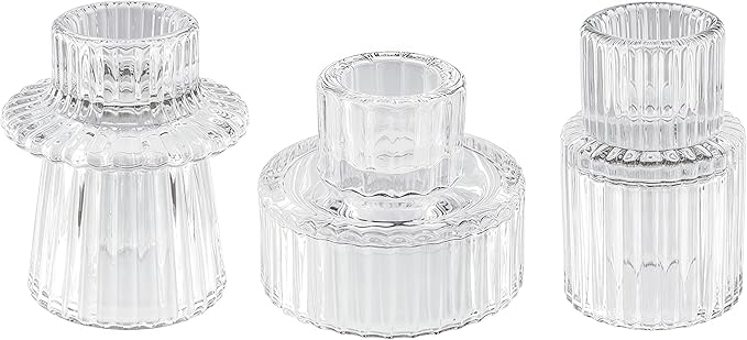 Double Sided Vintage Ribbed Taper Glass Candle Holders,Tea Candle Holder for Table Centerpieces, Wedding Decorations and Dinner Parties (Clear, 3 PCS)