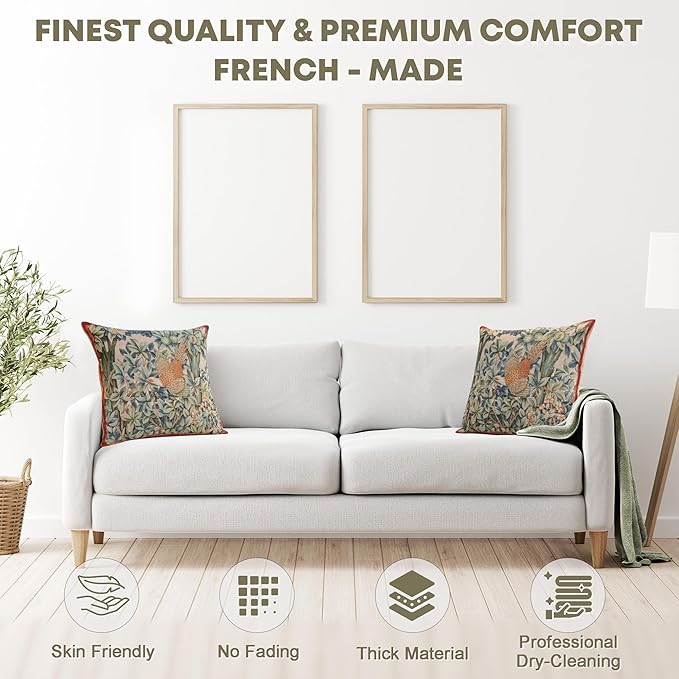 Charlotte Home Furnishings Decorative Tapestry Pillow Cover 19x19 in, Green Pheasant Couch Throw Pillow Cover, French Country Square Cushion Cases for Bed Room Home Decor, Soft Cotton Jacquard Woven