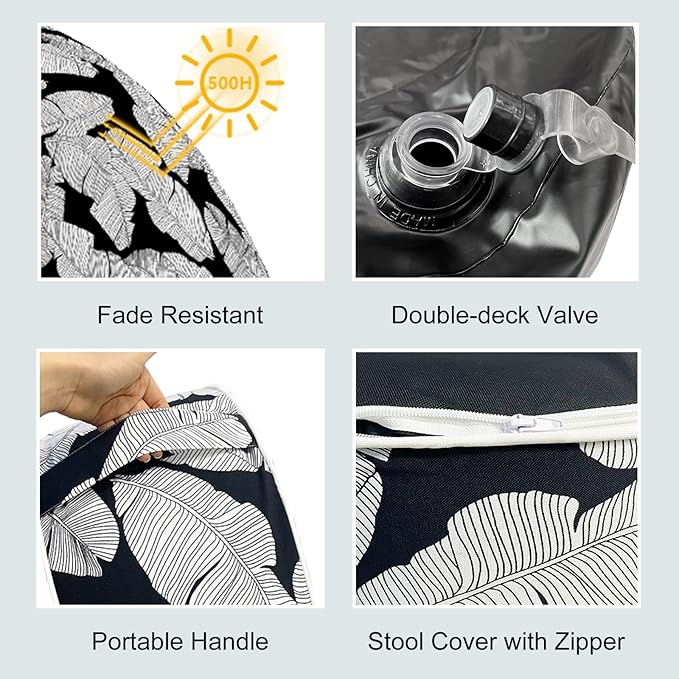 LVTXIII Inflatable Stool Ottoman Footrest with Handle, Indoor or Outdoor Foot Rest for Home Patio Garden and Camping, D21 x H9, Black Lush Leaf Jungle