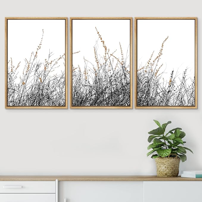 SIGNWIN 3 Piece Framed Canvas Wall Art Wild Grass Field Nature Wilderness Photography Abstract Contemporary Landscape Canvas Prints Home Artwork Decoration for Living Room,Bedroom - 16"x24"x3 Natural