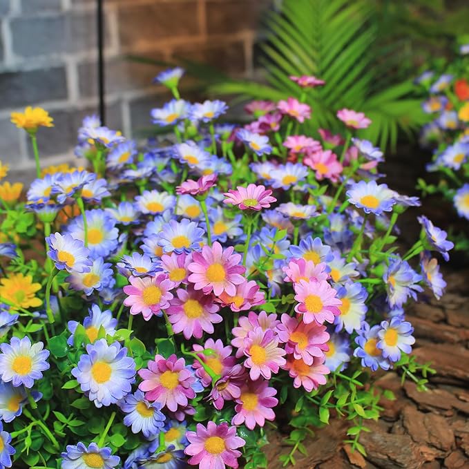 alyptus Artificial Daisy Flowers Outdoor Decoration 16 Bundles UV Resistant Blue Fake Silk Plants for Stunning Front Porch Pot Decor Outside (16 Bundle NO.P)