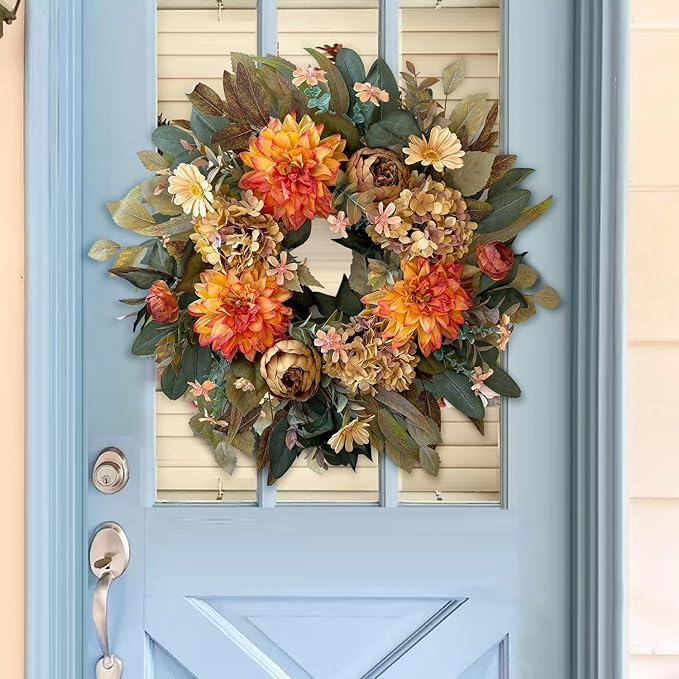 WANNA-CUL 24 Inch Spring Fall Wreaths for Front Door,Fall Wreath with Orange Hydrangea&Peony and Dahlia Flowers-Fall Decoration for Home-Large Fall Decor Door Wreath for Autumn,Harvest