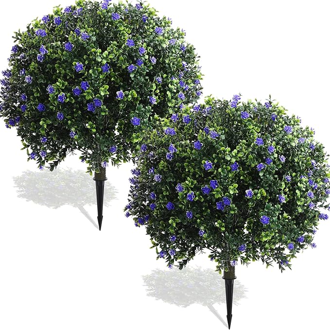 Yunlly Set of 2 Artificial Boxwood Topiary Ball Tree Fake Bushes Shrubs Outdoor Faux Plant with Ground Spike Flowers UV Resistance Greenery for Front Porch Garden Patio Indoor(Purple,27x18inch)