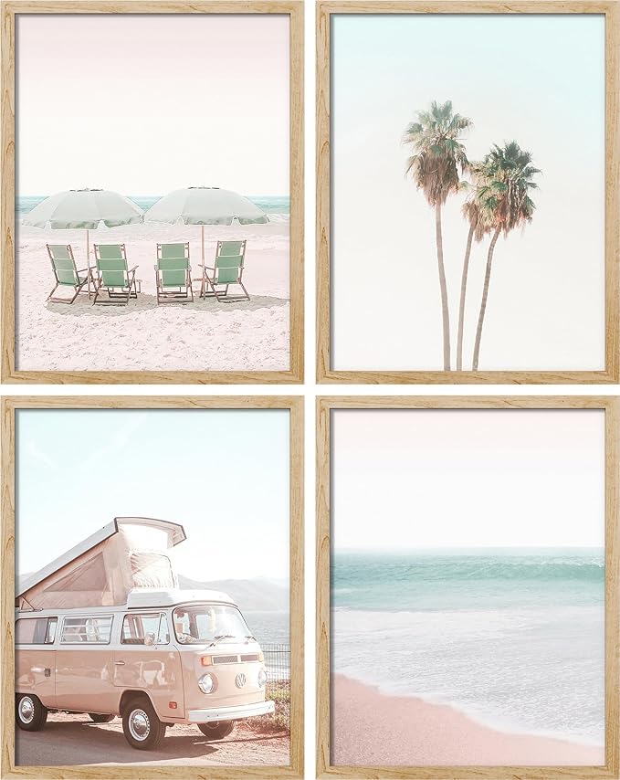 SIGNWIN Framed Collage Print Gallery Set 1980s Retro Miami Wall Art, Set of 4 Beach Landscape Wall Decor Prints, Nature Wilderness Wall Décor for Living Room, Bedroom - 8"x10" Natural