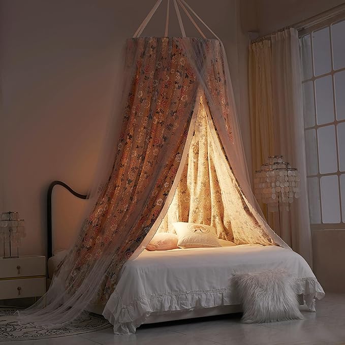VETHIN Double Layer Princess Round Dome Canopy Bed Curtain for Girls Adults,Children Dreamy Mosquito Net,Cute Bedroom Decoration Castle Play Tent Reading Nook Canopies (Flowers/White)
