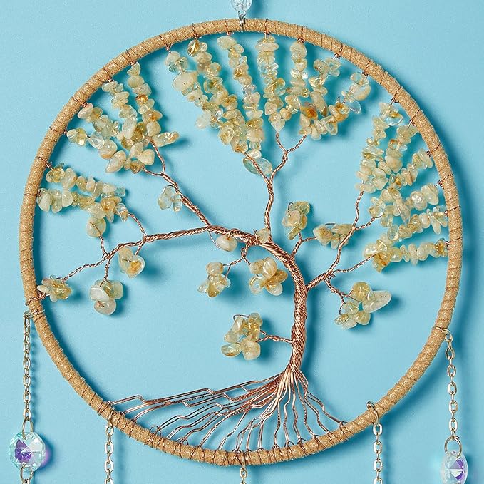 Agate Citrine Gemstone Dream Catcher 7 Chakras Gold Tree of Life Dream Catcher with Healing Crystal Stones Handmade Dreamcatcher Wall Decor for Adults Boys Girls,Bedroom,Wedding,Garden,Bless Gift