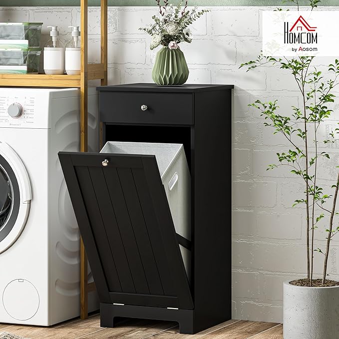 HOMCOM Laundry Hamper with Removable Basket, Tilt Out Hamper with Drawer and Beadboard Door, Bathroom Storage Cabinet, Black