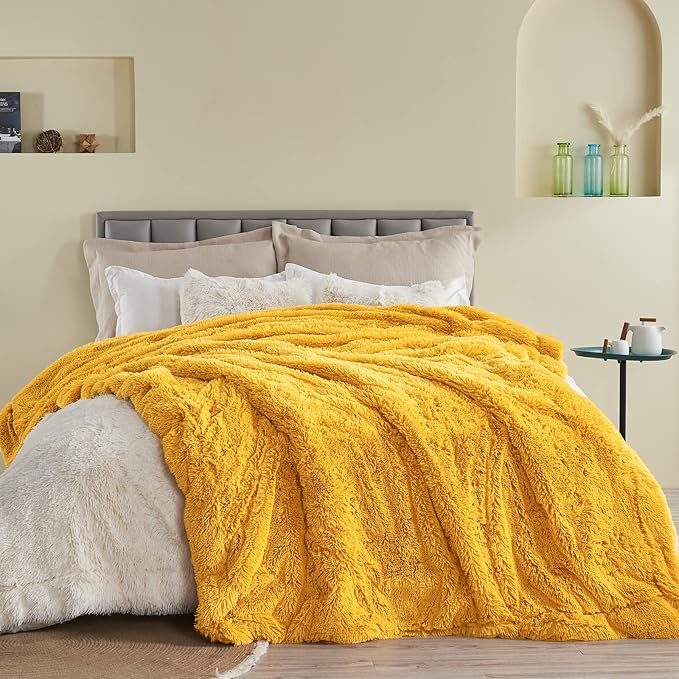 GONAAP Fuzzy Faux Fur Throw Blanket Queen Size Mustard Yellow Super Soft Cozy Plush Fuzzy Shaggy Blanket for Couch Sofa Bed (Mustard Yellow, Queen(90"x90"))